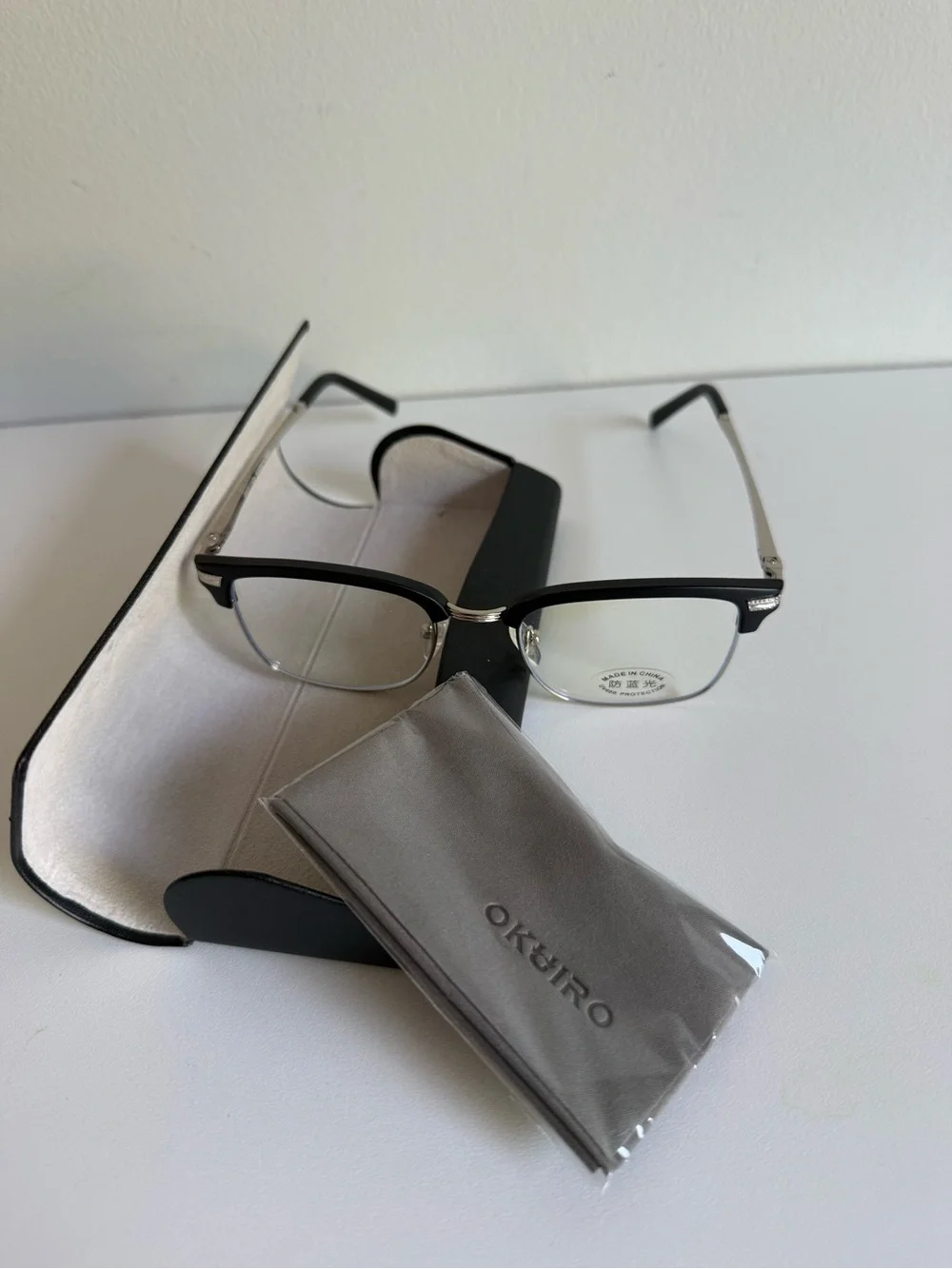 Blue Light Blocking Glasses AM8112a Black Half Rim UV400 Case New by: OKUIRO
